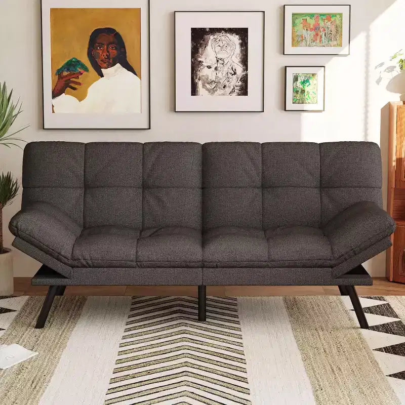 Divano Letto Futon Convertibile a 2 Posti in Lino Blu / Grigio Scuro / Grigio Chiaro