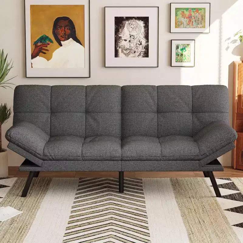 Divano Letto Futon Convertibile a 2 Posti in Lino Blu / Grigio Scuro / Grigio Chiaro