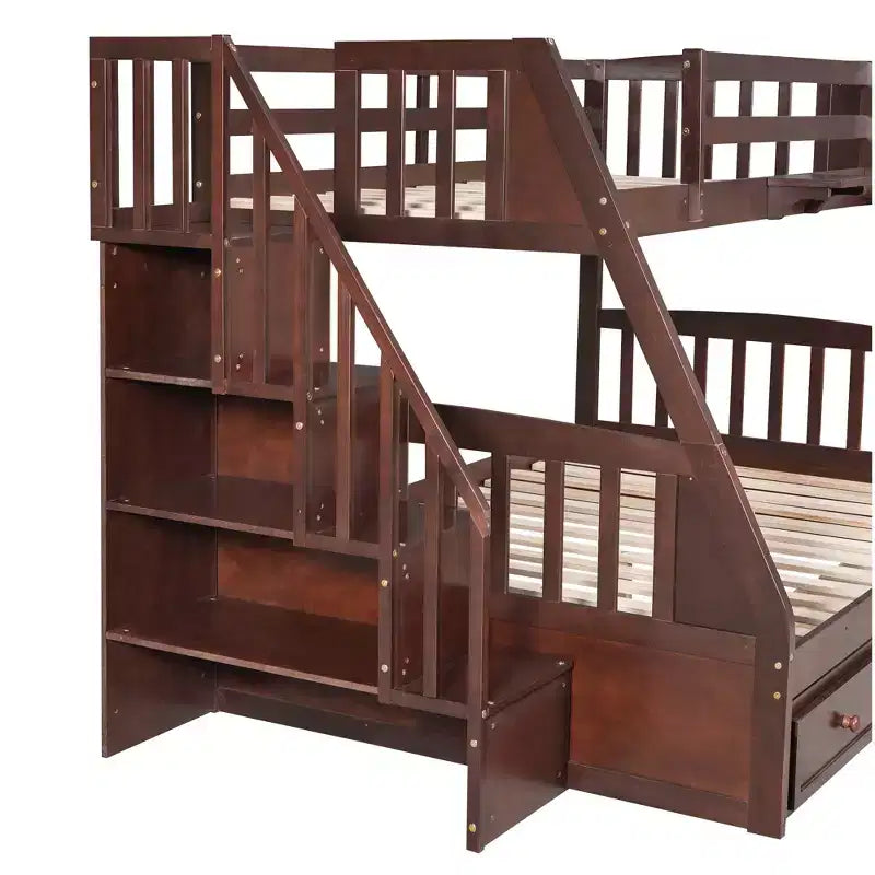 Letto a Castello con Scalini con Cassetti, convertibile in 2 letti, in colore Espresso / Grigio / Bianco, da una piazza e mezza