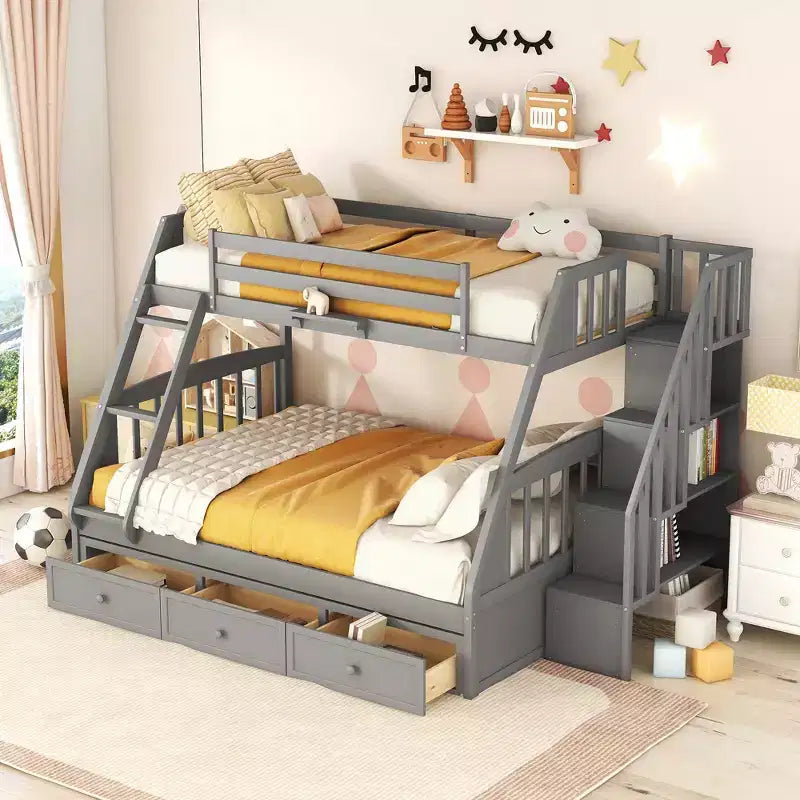 Letto a Castello con Scalini con Cassetti, convertibile in 2 letti, in colore Espresso / Grigio / Bianco, da una piazza e mezza
