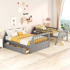Letto a Castello con Scalini con Cassetti, convertibile in 2 letti, in colore Espresso / Grigio / Bianco, da una piazza e mezza