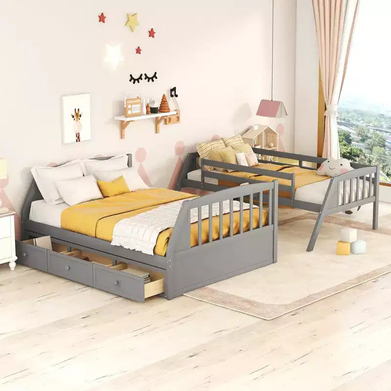 Letto a Castello con Scalini con Cassetti, convertibile in 2 letti, in colore Espresso / Grigio / Bianco, da una piazza e mezza