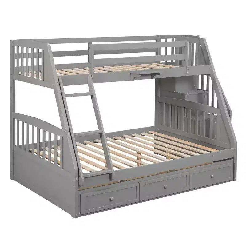 Letto a Castello con Scalini con Cassetti, convertibile in 2 letti, in colore Espresso / Grigio / Bianco, da una piazza e mezza