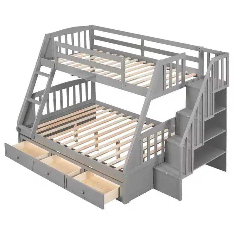 Letto a Castello con Scalini con Cassetti, convertibile in 2 letti, in colore Espresso / Grigio / Bianco, da una piazza e mezza