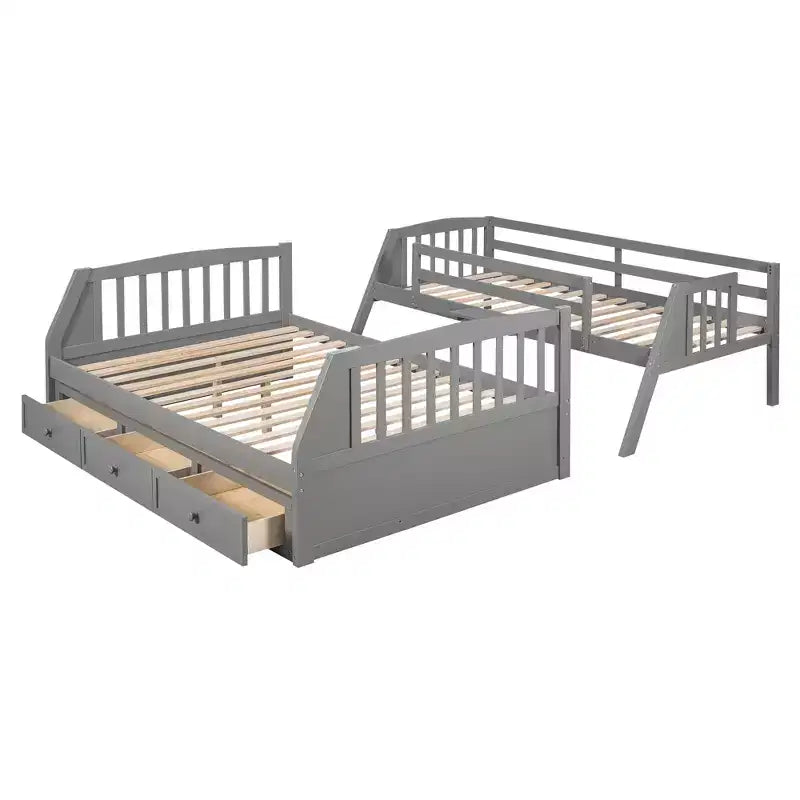 Letto a Castello con Scalini con Cassetti, convertibile in 2 letti, in colore Espresso / Grigio / Bianco, da una piazza e mezza