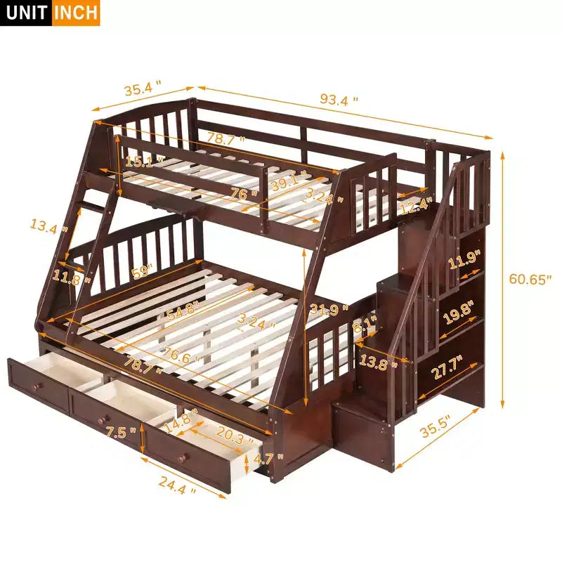 Letto a Castello con Scalini con Cassetti, convertibile in 2 letti, in colore Espresso / Grigio / Bianco, da una piazza e mezza