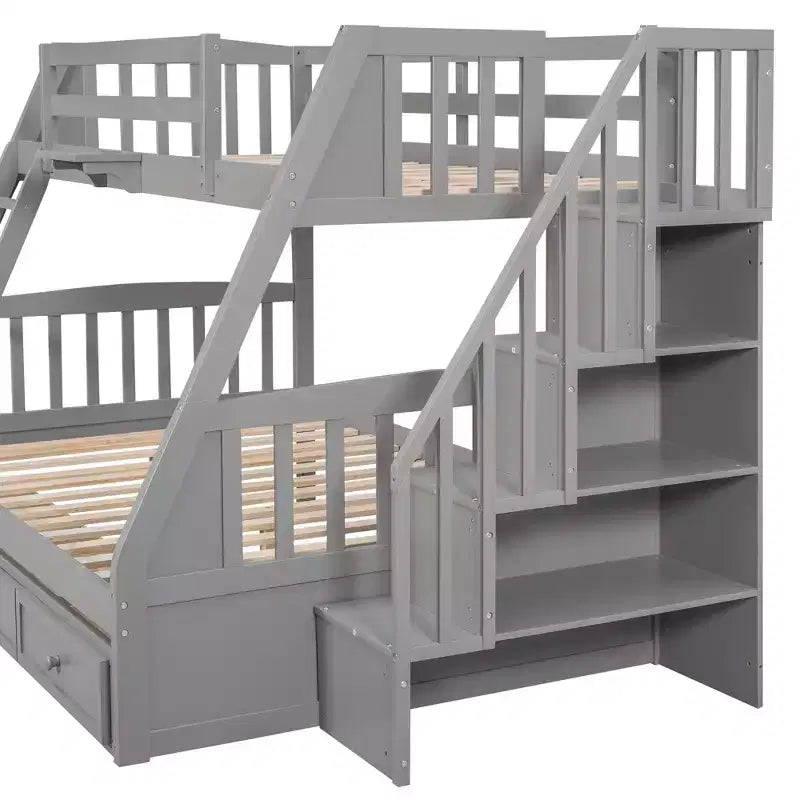 Letto a Castello con Scalini con Cassetti, convertibile in 2 letti, in colore Espresso / Grigio / Bianco, da una piazza e mezza
