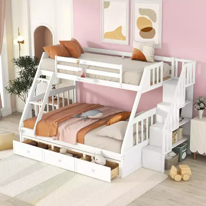 Letto a Castello con Scalini con Cassetti, convertibile in 2 letti, in colore Espresso / Grigio / Bianco, da una piazza e mezza
