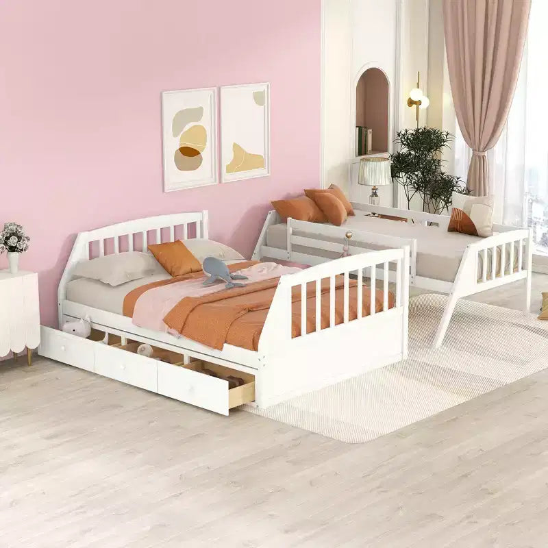 Letto a Castello con Scalini con Cassetti, convertibile in 2 letti, in colore Espresso / Grigio / Bianco, da una piazza e mezza