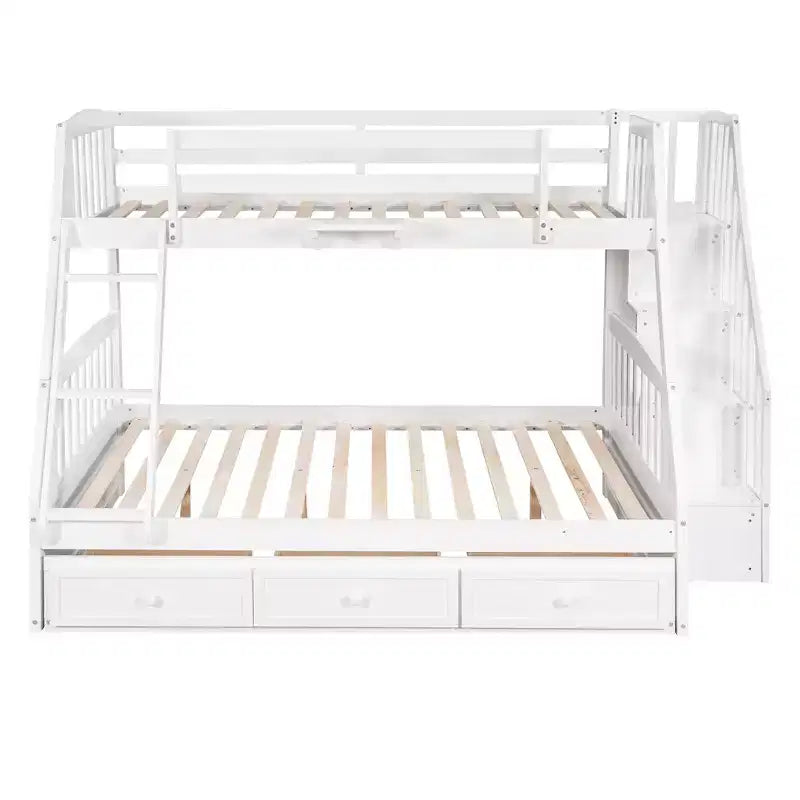 Letto a Castello con Scalini con Cassetti, convertibile in 2 letti, in colore Espresso / Grigio / Bianco, da una piazza e mezza