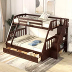 Letto a Castello con Scalini con Cassetti, convertibile in 2 letti, in colore Espresso / Grigio / Bianco, da una piazza e mezza