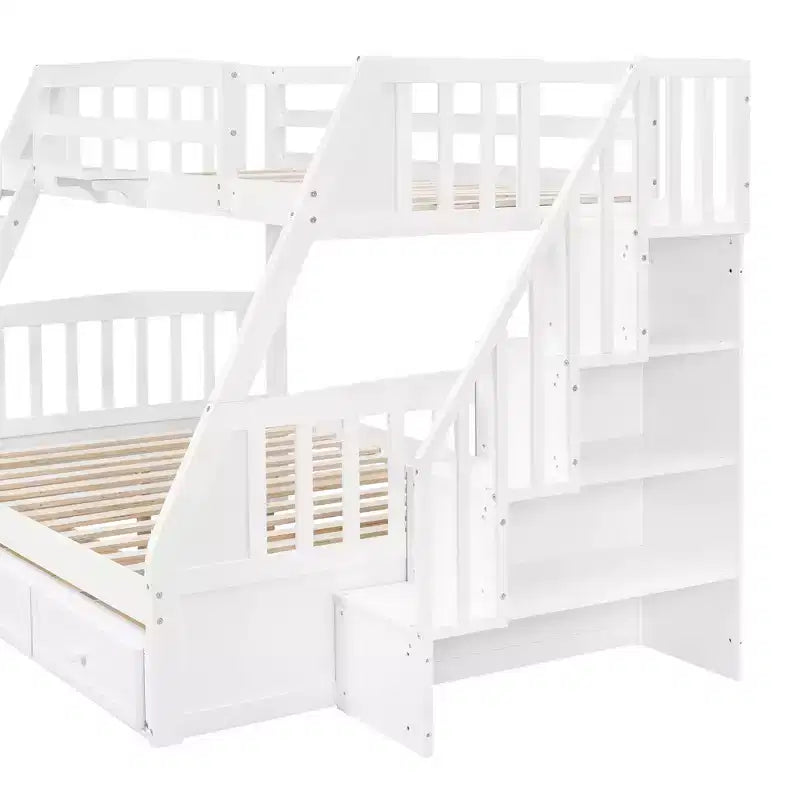 Letto a Castello con Scalini con Cassetti, convertibile in 2 letti, in colore Espresso / Grigio / Bianco, da una piazza e mezza