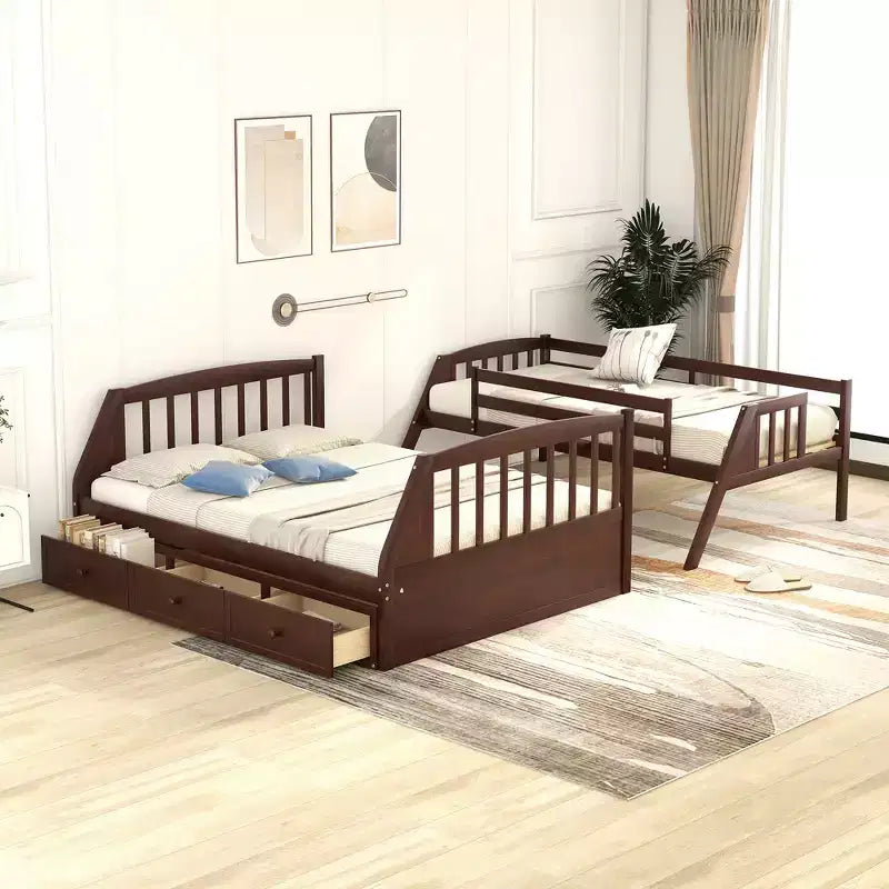 Letto a Castello con Scalini con Cassetti, convertibile in 2 letti, in colore Espresso / Grigio / Bianco, da una piazza e mezza