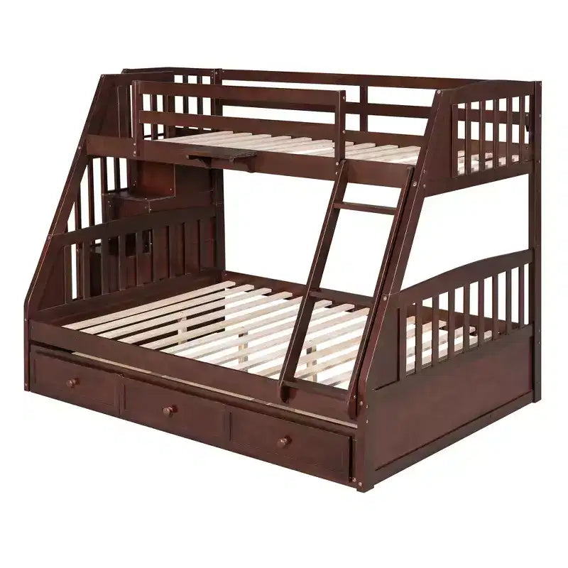 Letto a Castello con Scalini con Cassetti, convertibile in 2 letti, in colore Espresso / Grigio / Bianco, da una piazza e mezza