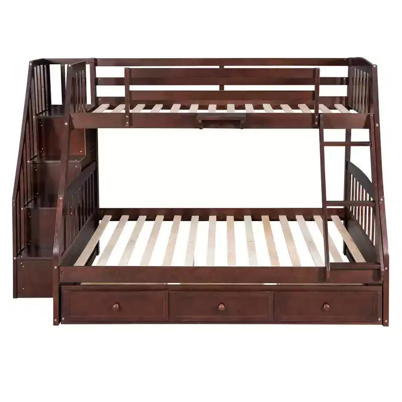 Letto a Castello con Scalini con Cassetti, convertibile in 2 letti, in colore Espresso / Grigio / Bianco, da una piazza e mezza