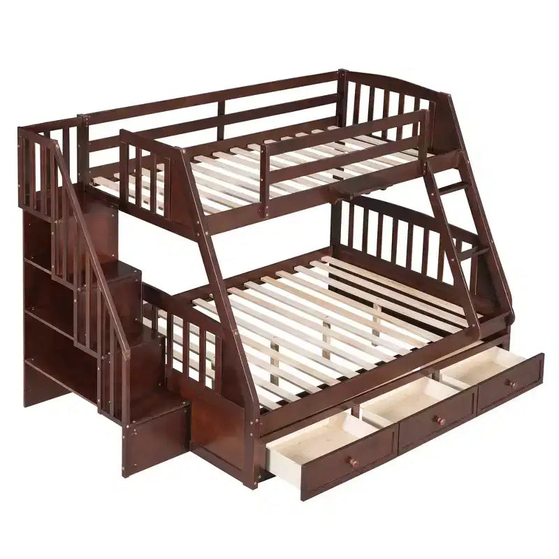 Letto a Castello con Scalini con Cassetti, convertibile in 2 letti, in colore Espresso / Grigio / Bianco, da una piazza e mezza