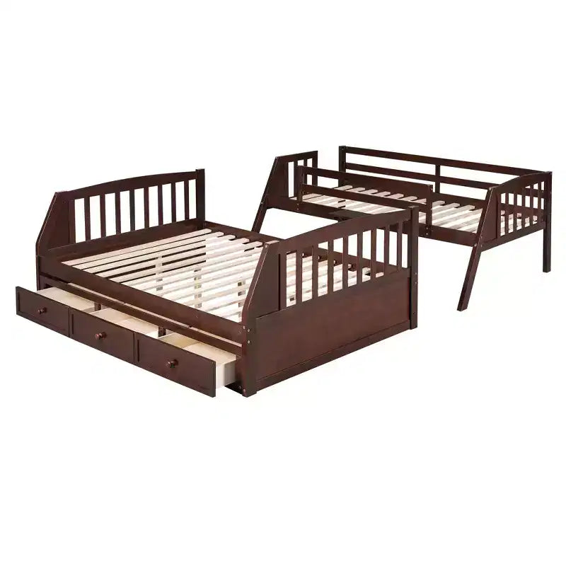 Letto a Castello con Scalini con Cassetti, convertibile in 2 letti, in colore Espresso / Grigio / Bianco, da una piazza e mezza