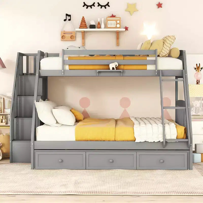 Letto a Castello con Scalini con Cassetti, convertibile in 2 letti, in colore Espresso / Grigio / Bianco, da una piazza e mezza
