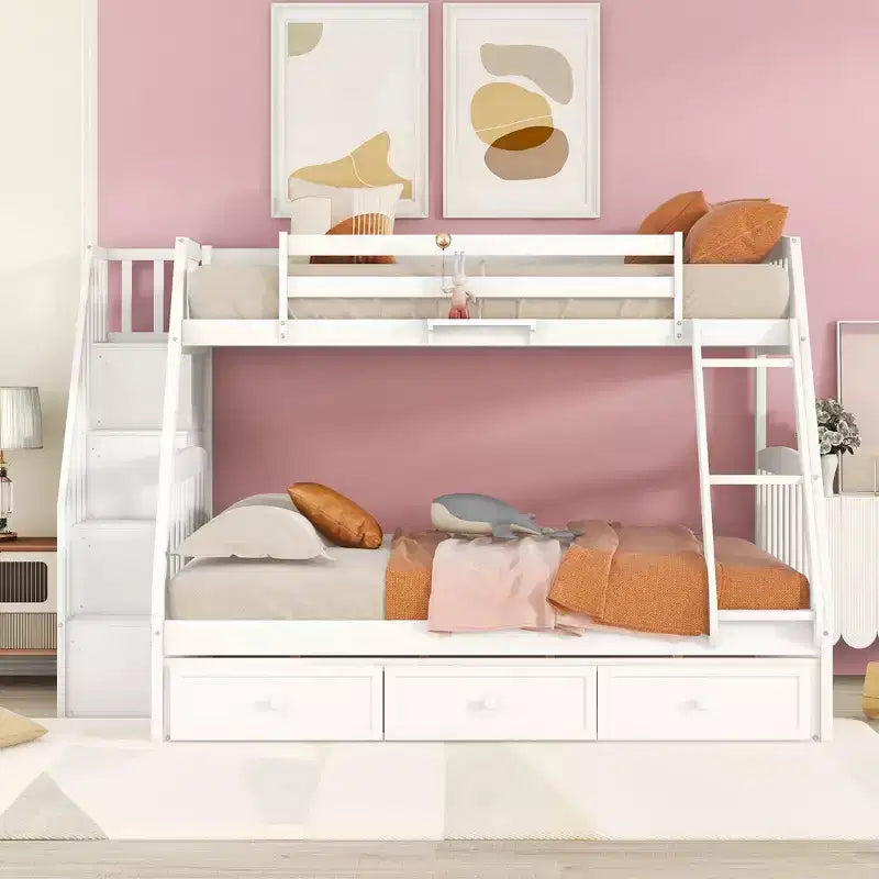 Letto a Castello con Scalini con Cassetti, convertibile in 2 letti, in colore Espresso / Grigio / Bianco, da una piazza e mezza