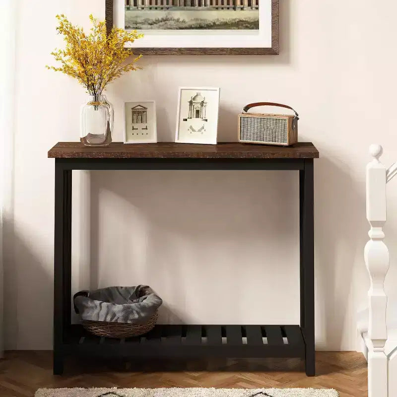 Tavolo Console Rustico Nero e Marrone con Ripiano Aperto