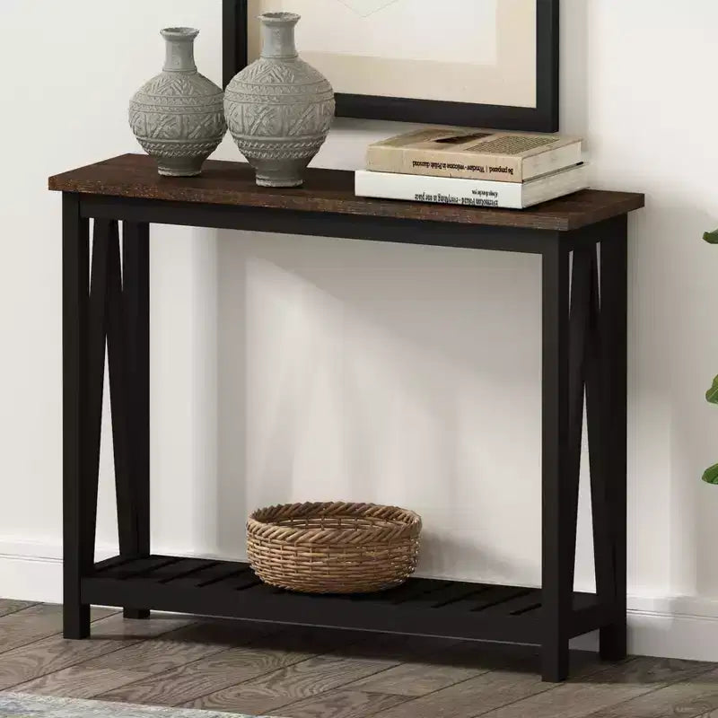Tavolo Console Rustico Nero e Marrone con Ripiano Aperto