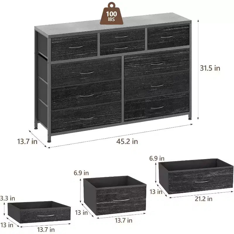 Cassettiera in Tessuto a 10 Cassetti con Piano in Legno e Struttura in Acciaio – Nero/Marrone/Rosa/Bianco, 1 Persona