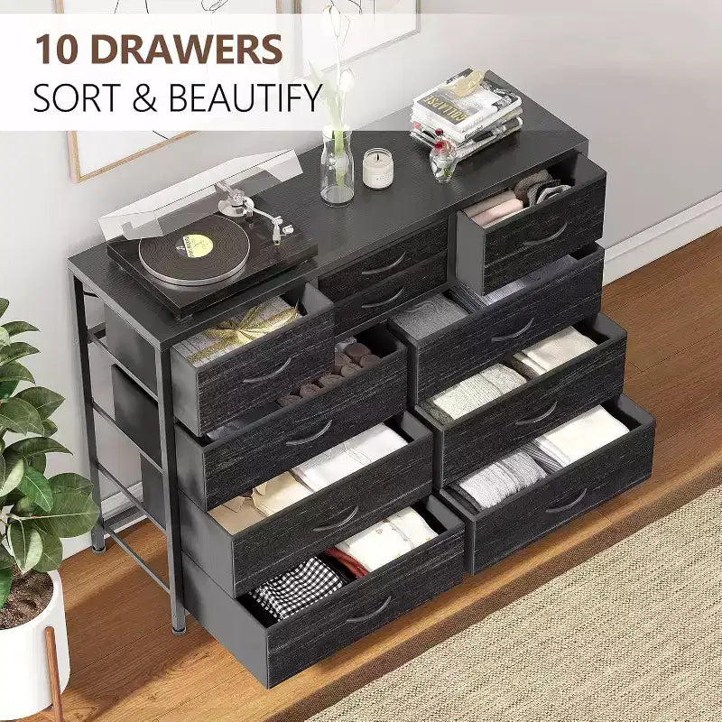 Cassettiera in Tessuto a 10 Cassetti con Piano in Legno e Struttura in Acciaio – Nero/Marrone/Rosa/Bianco, 1 Persona