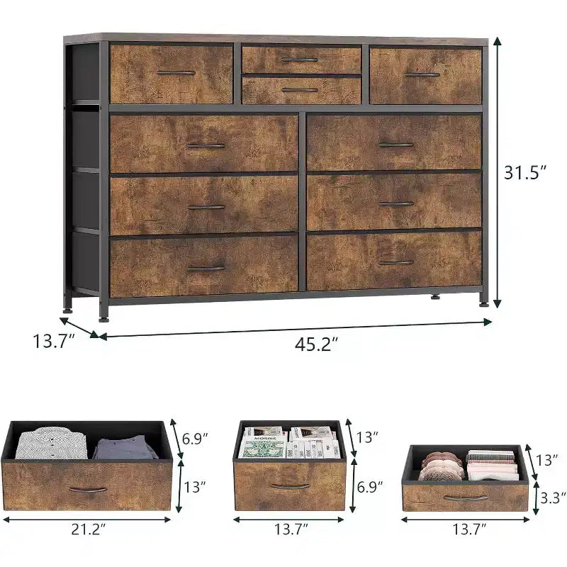 Cassettiera in Tessuto a 10 Cassetti con Piano in Legno e Struttura in Acciaio – Nero/Marrone/Rosa/Bianco, 1 Persona
