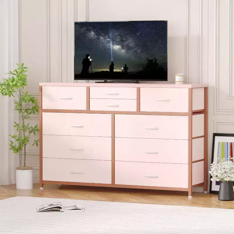 Cassettiera in Tessuto a 10 Cassetti con Piano in Legno e Struttura in Acciaio – Nero/Marrone/Rosa/Bianco, 1 Persona