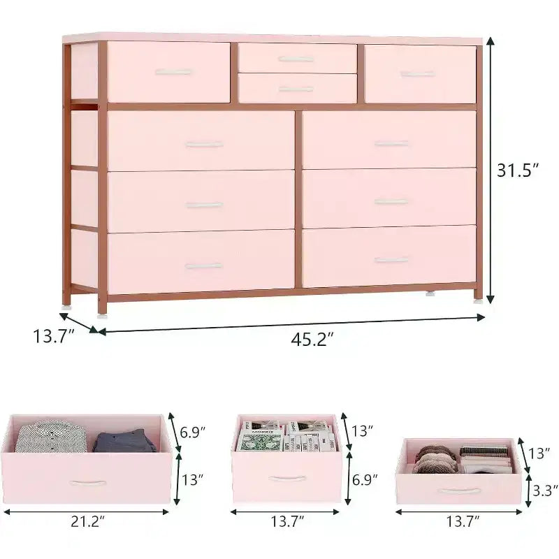 Cassettiera in Tessuto a 10 Cassetti con Piano in Legno e Struttura in Acciaio – Nero/Marrone/Rosa/Bianco, 1 Persona