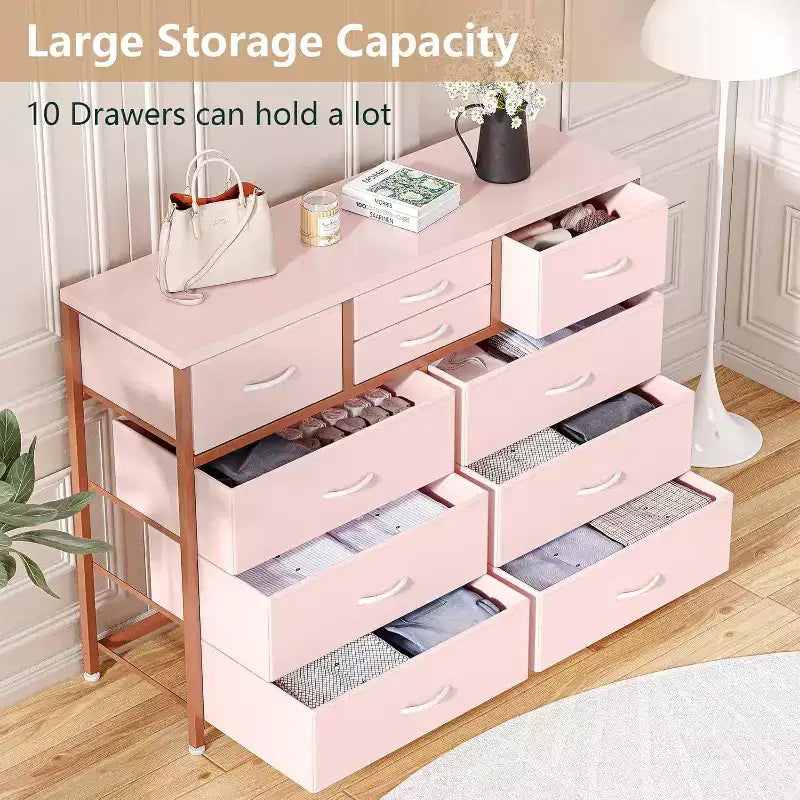 Cassettiera in Tessuto a 10 Cassetti con Piano in Legno e Struttura in Acciaio – Nero/Marrone/Rosa/Bianco, 1 Persona