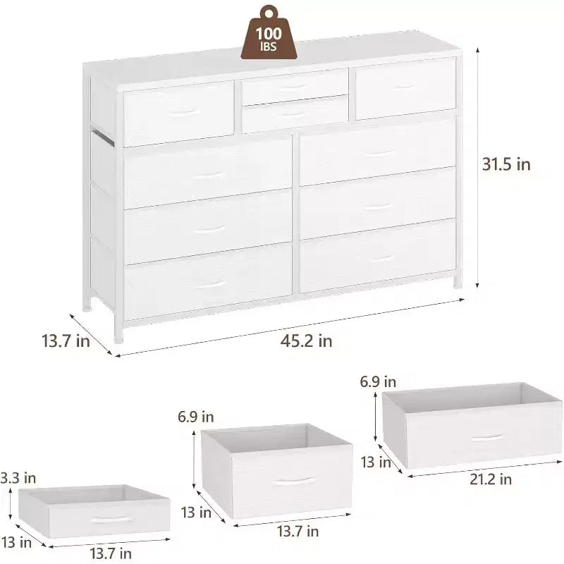 Cassettiera in Tessuto a 10 Cassetti con Piano in Legno e Struttura in Acciaio – Nero/Marrone/Rosa/Bianco, 1 Persona