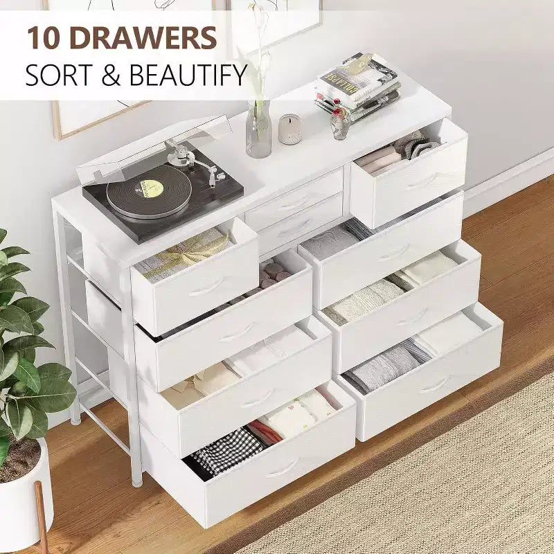 Cassettiera in Tessuto a 10 Cassetti con Piano in Legno e Struttura in Acciaio – Nero/Marrone/Rosa/Bianco, 1 Persona