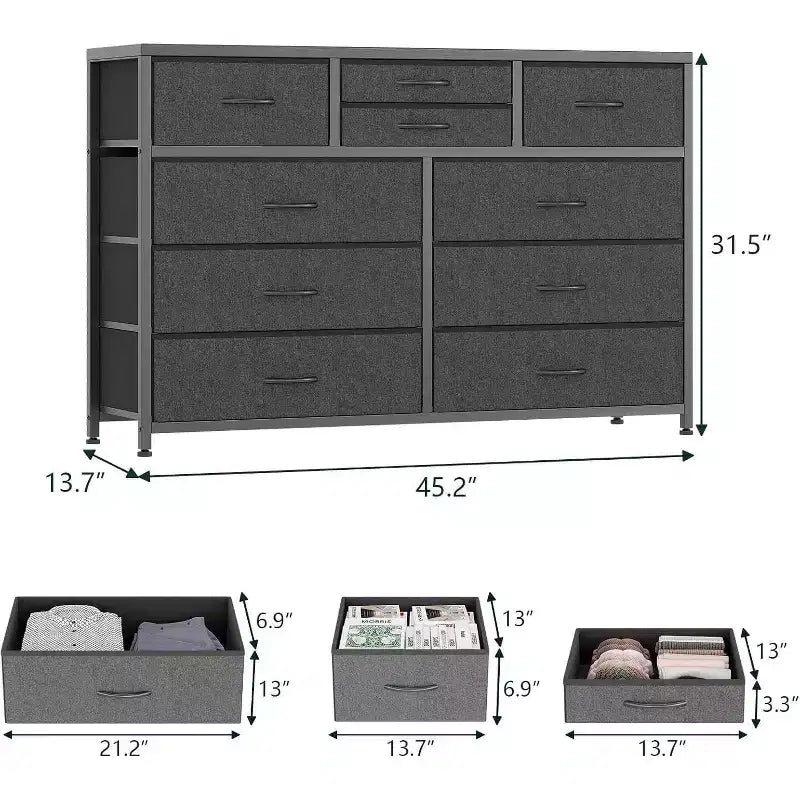Cassettiera in Tessuto a 10 Cassetti con Piano in Legno e Struttura in Acciaio – Nero/Marrone/Rosa/Bianco, 1 Persona