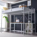 Letto a soppalco matrimoniale in metallo bianco con scale e scaletta piatta, singolo