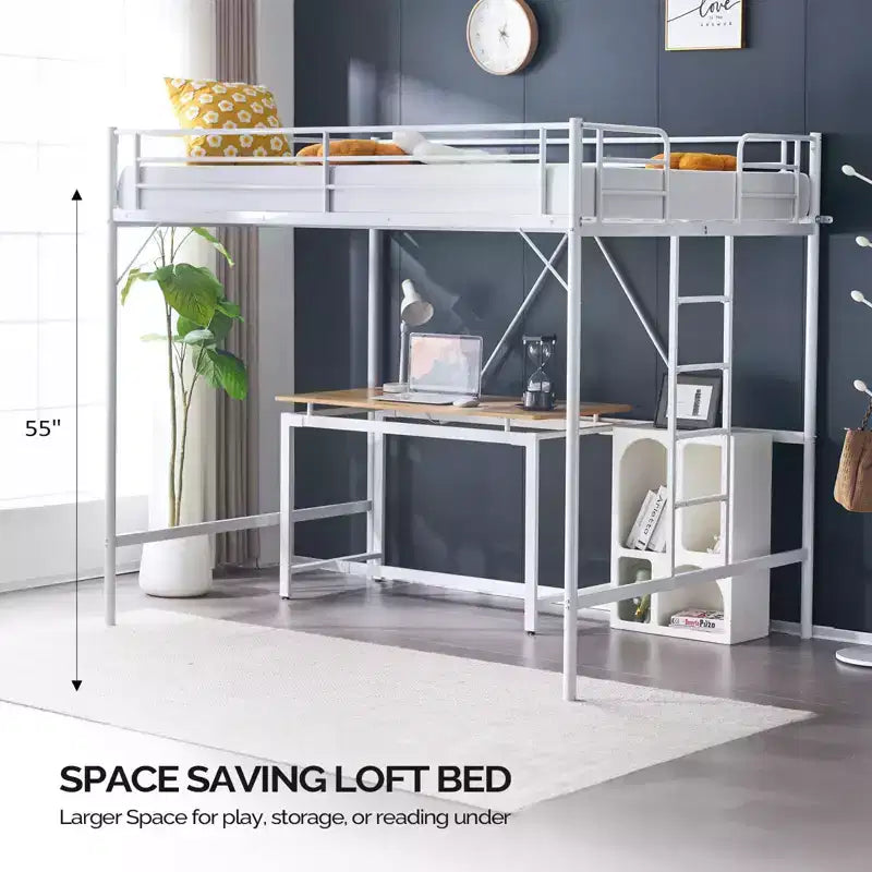 Letto a soppalco matrimoniale in metallo bianco con scale e scaletta piatta, singolo