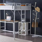 Letto a soppalco matrimoniale in metallo bianco con scale e scaletta piatta, singolo
