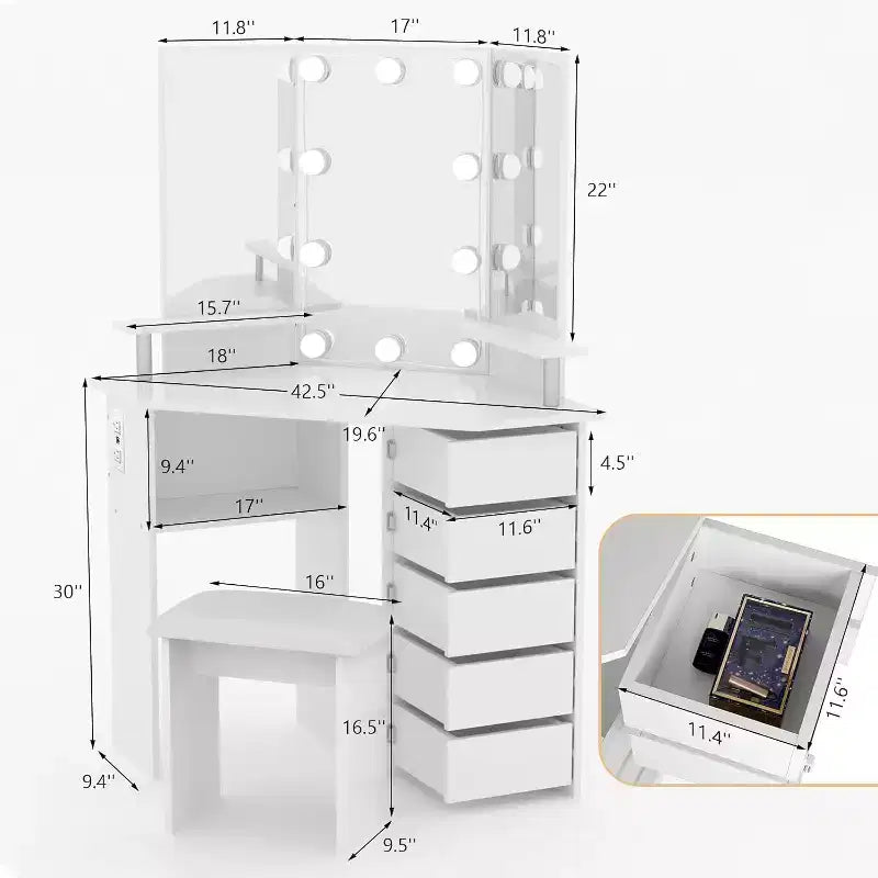 Mobile trucco angolare bianco/nero con luci LED e sgabello, presa elettrica, 5 cassetti, singolo