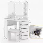 Mobile trucco angolare bianco/nero con luci LED e sgabello, presa elettrica, 5 cassetti, singolo