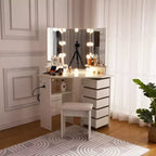 Mobile trucco angolare bianco/nero con luci LED e sgabello, presa elettrica, 5 cassetti, singolo