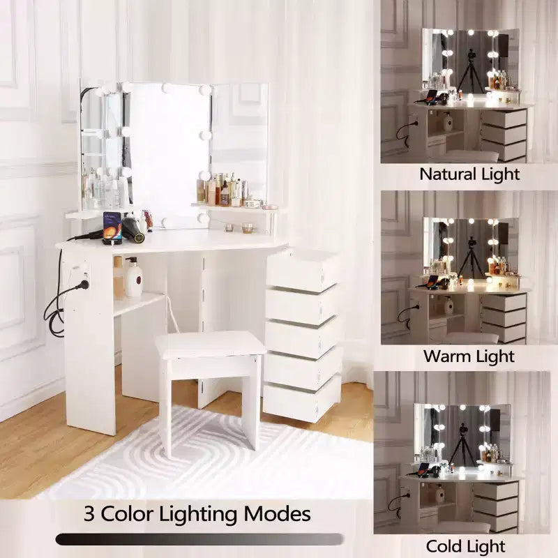 Mobile trucco angolare bianco/nero con luci LED e sgabello, presa elettrica, 5 cassetti, singolo