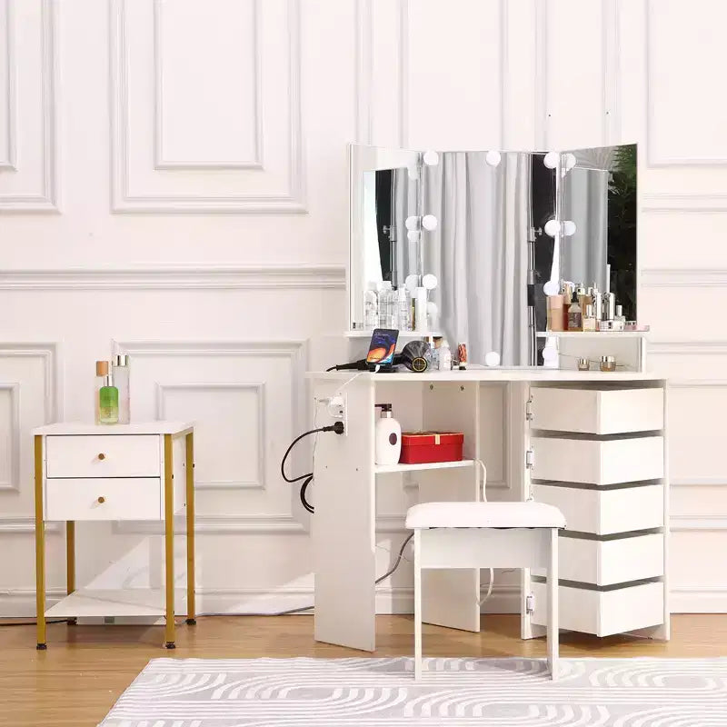 Mobile trucco angolare bianco/nero con luci LED e sgabello, presa elettrica, 5 cassetti, singolo