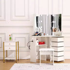 Mobile trucco angolare bianco/nero con luci LED e sgabello, presa elettrica, 5 cassetti, singolo
