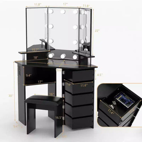 Mobile trucco angolare bianco/nero con luci LED e sgabello, presa elettrica, 5 cassetti, singolo