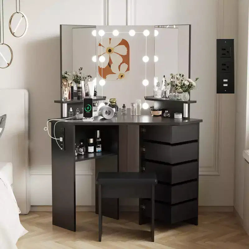 Mobile trucco angolare bianco/nero con luci LED e sgabello, presa elettrica, 5 cassetti, singolo