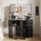 Mobile trucco angolare bianco/nero con luci LED e sgabello, presa elettrica, 5 cassetti, singolo