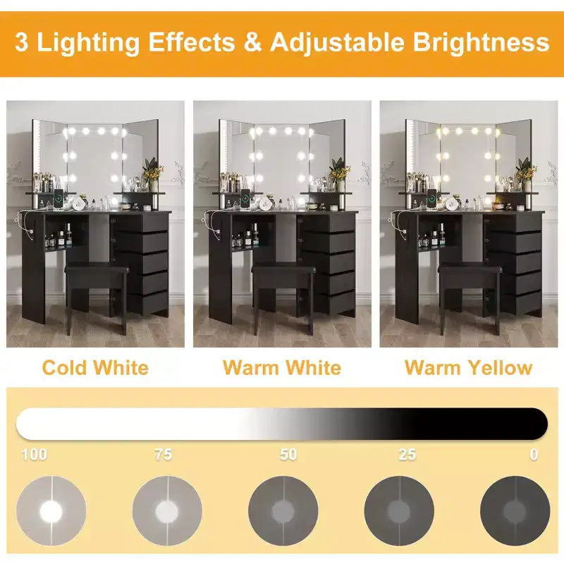 Mobile trucco angolare bianco/nero con luci LED e sgabello, presa elettrica, 5 cassetti, singolo