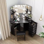 Mobile trucco angolare bianco/nero con luci LED e sgabello, presa elettrica, 5 cassetti, singolo