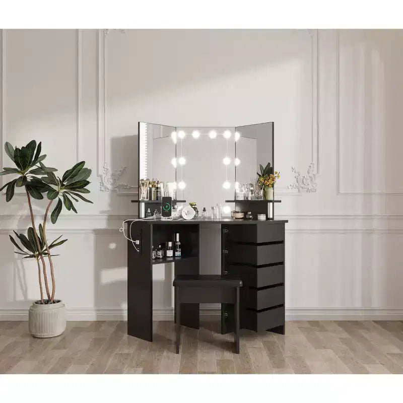 Mobile trucco angolare bianco/nero con luci LED e sgabello, presa elettrica, 5 cassetti, singolo