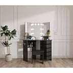 Mobile trucco angolare bianco/nero con luci LED e sgabello, presa elettrica, 5 cassetti, singolo